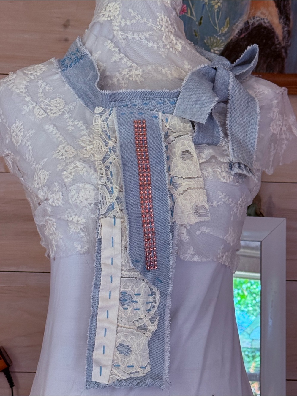 Hand Crafted Necktie Scarf Jabot Upcycled Denim Vintage Lace Artisan OS - Picture 8 of 9